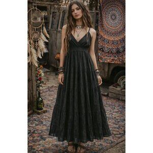 Boho Babydoll Maxi Dress  Smocked Tiered Crochet Hippie Goth Maxi Size S Black